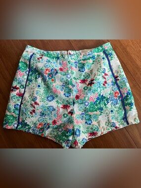 Dance & Marvel Green Floral High-Waist Shorts with Blue Trim